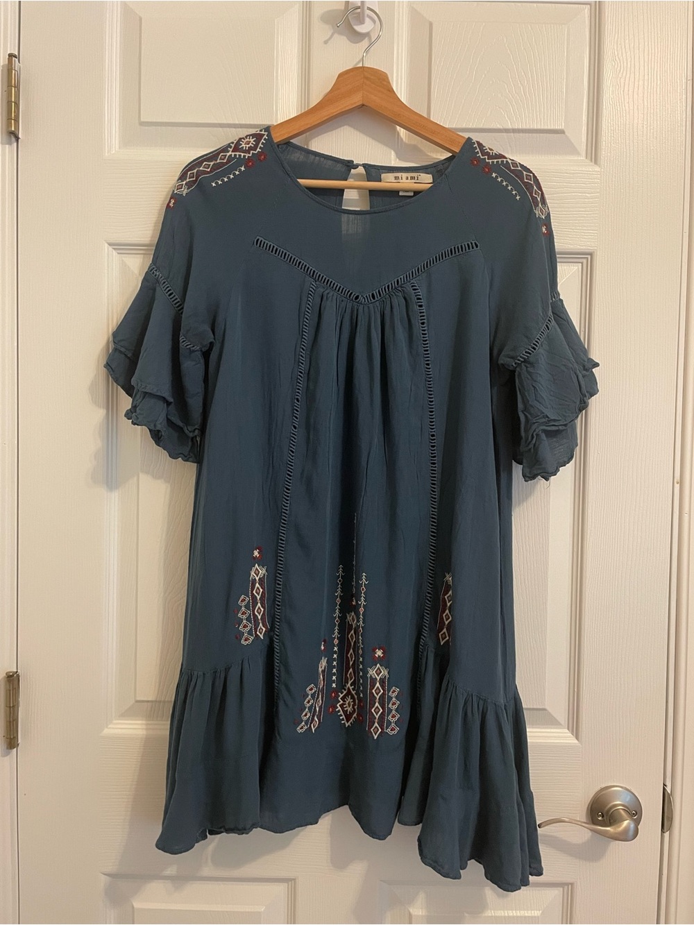 Mi Ami Blue Embroidered Ruffle Sleeve Boho Babydoll Festival Mini Dress Womens M
